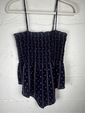 Smocked Navy Blue Printed Spaghetti Strap Women’s Top hanker-chief Y2K bandana